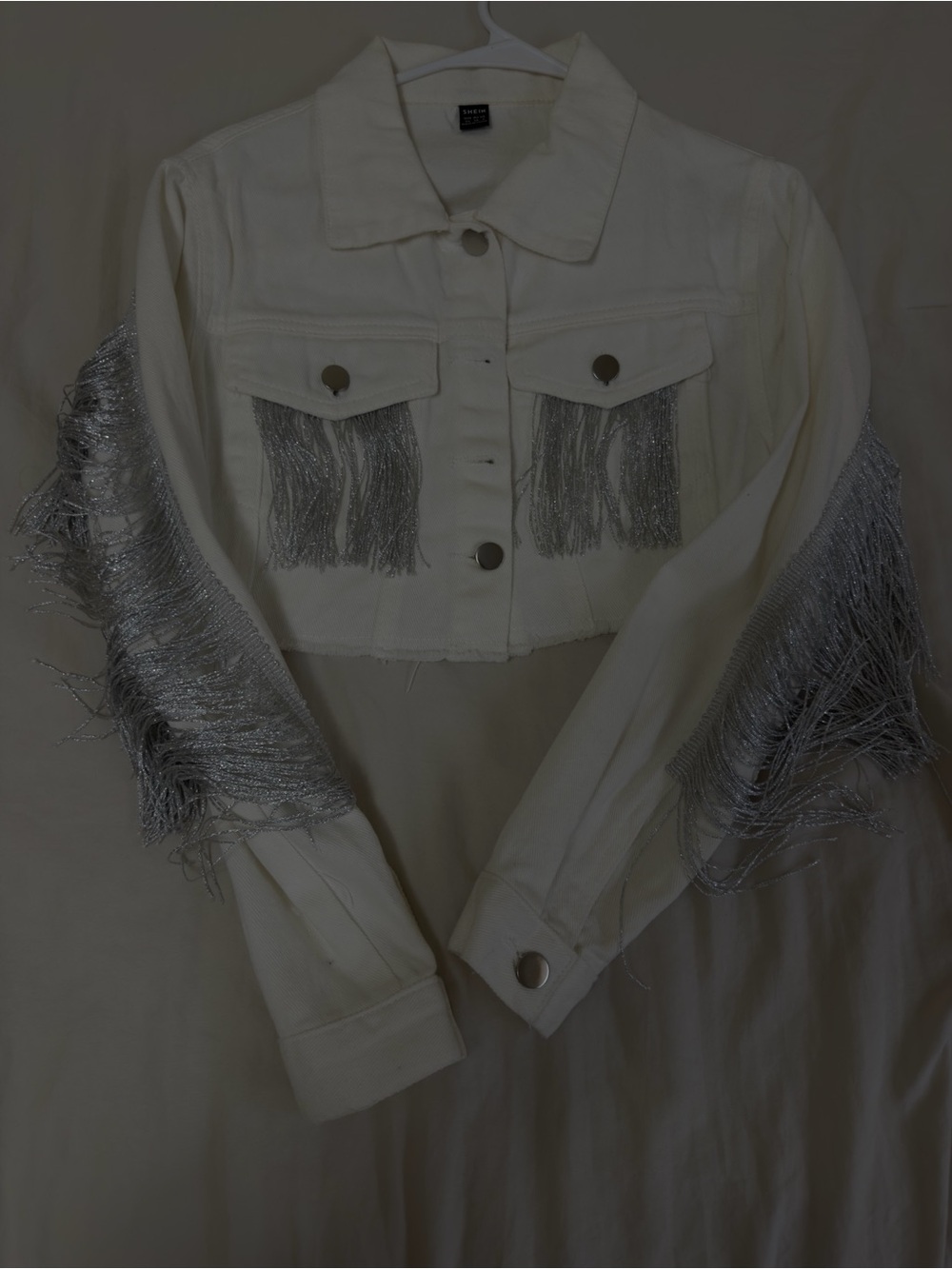 Fringe-Trim Cropped Jacket in Cream with Silver Accents